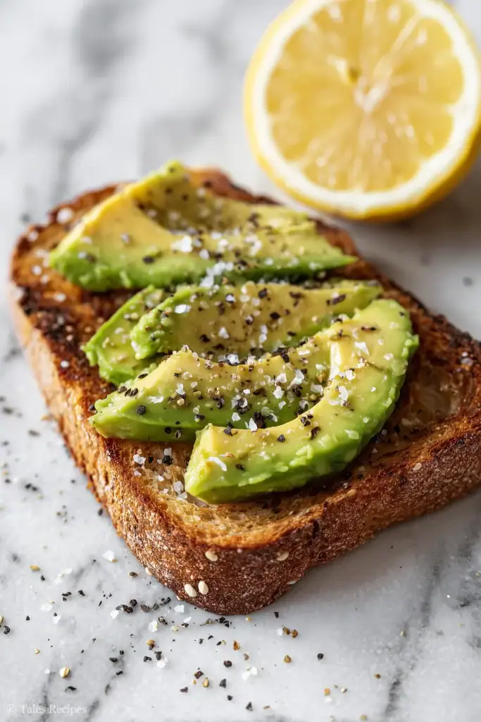 Classic avocado toast on toasted sourdough with lemon and sea salt