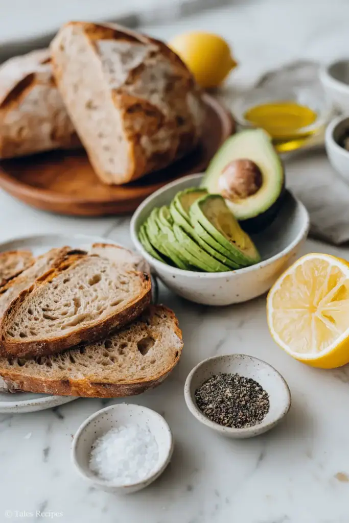 Avocado toast ingredients including avocado, bread, lemon, salt, and pepper on marble
