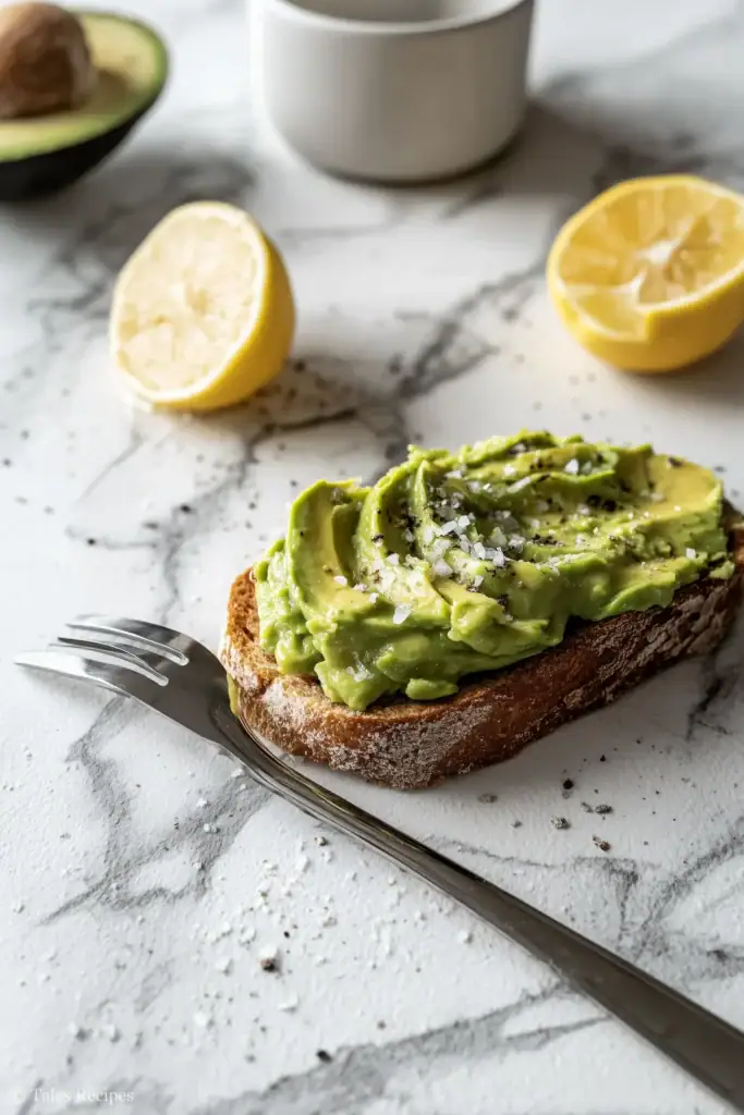 Mashed avocado in bowl with lemon, salt, and pepper for avocado toast