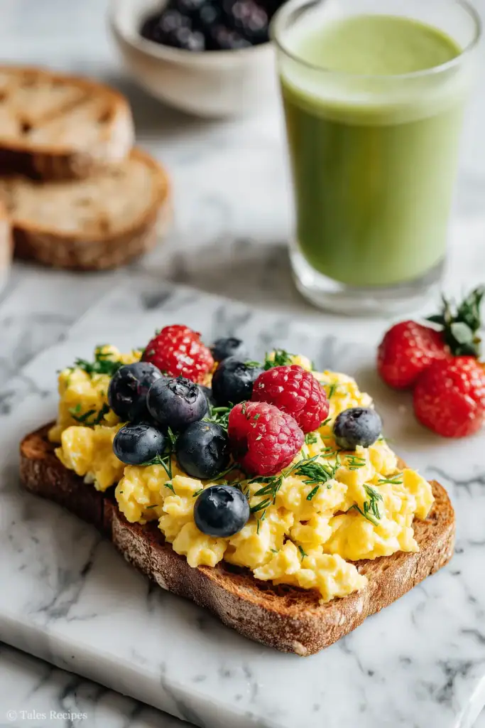 Avocado toast with scrambled eggs, berries, and smoothie as breakfast sides