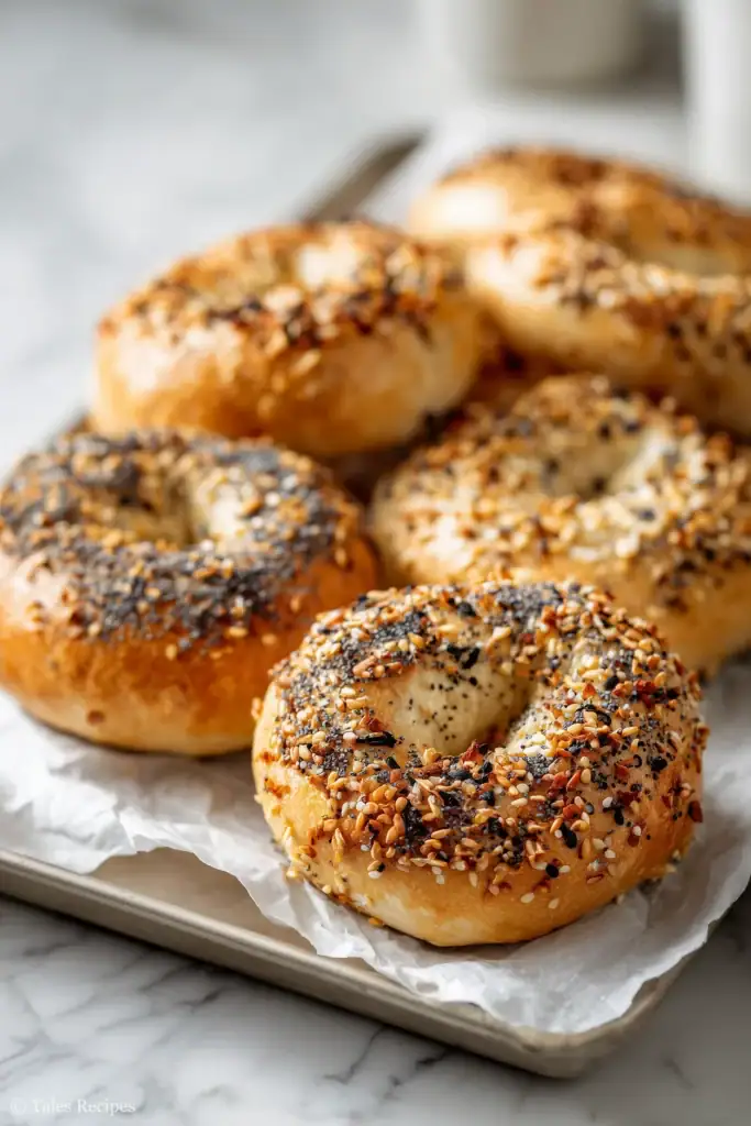 Freshly baked cottage cheese bagel topped with everything seasoning and sesame seeds