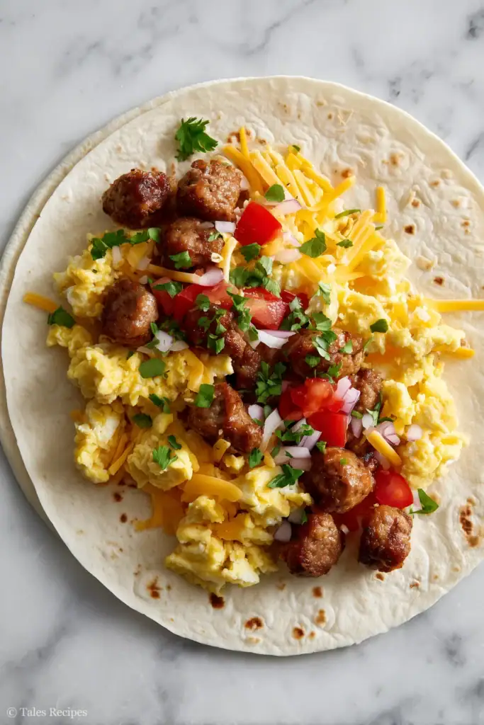 Layered assembly of blackstone breakfast burrito with hash browns eggs sausage and cheese on tortilla