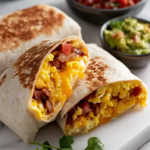 Golden blackstone breakfast burrito with hash browns eggs sausage and cheese cut open