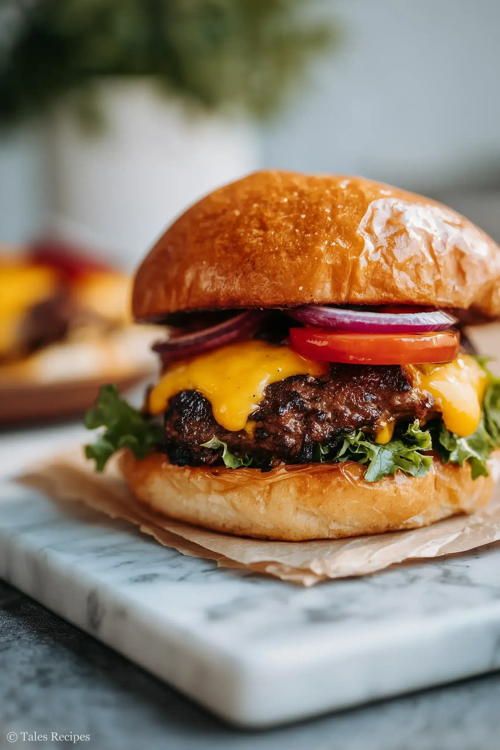 Classic Blackstone smash burger with cheese and lettuce on a toasted bun on marble