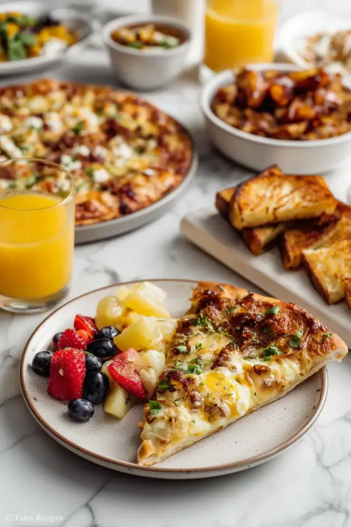 Breakfast pizza slice with fruit salad, hash browns and orange juice as perfect sides