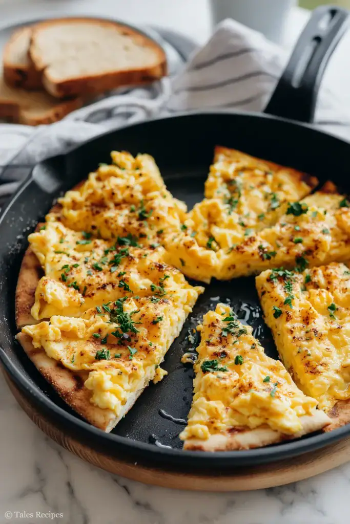 Gently scrambled eggs being prepared for creamy breakfast pizza layers