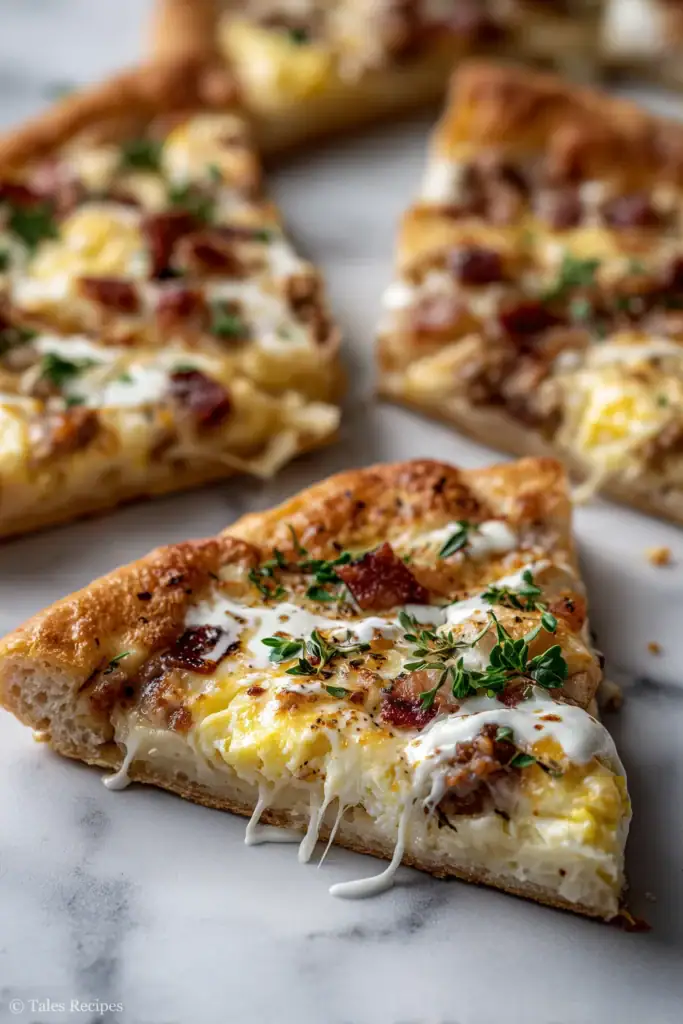 Close-up of breakfast pizza slice with eggs, cheese, bacon and crust on marble