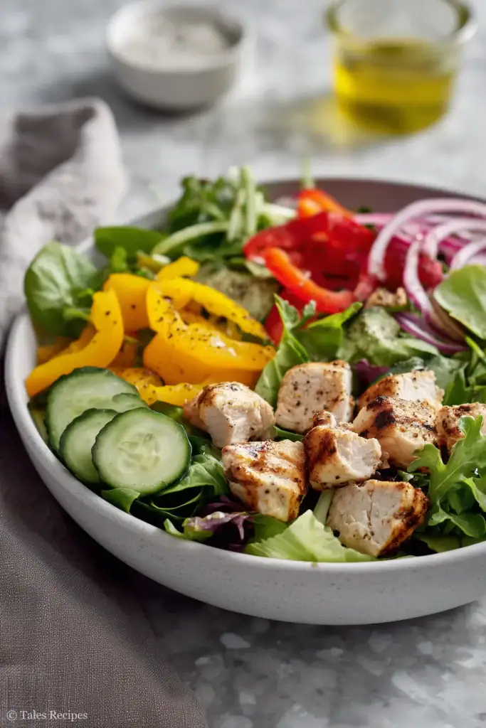 Chicken and vegetable salad with colorful peppers chicken and greens close up on marble