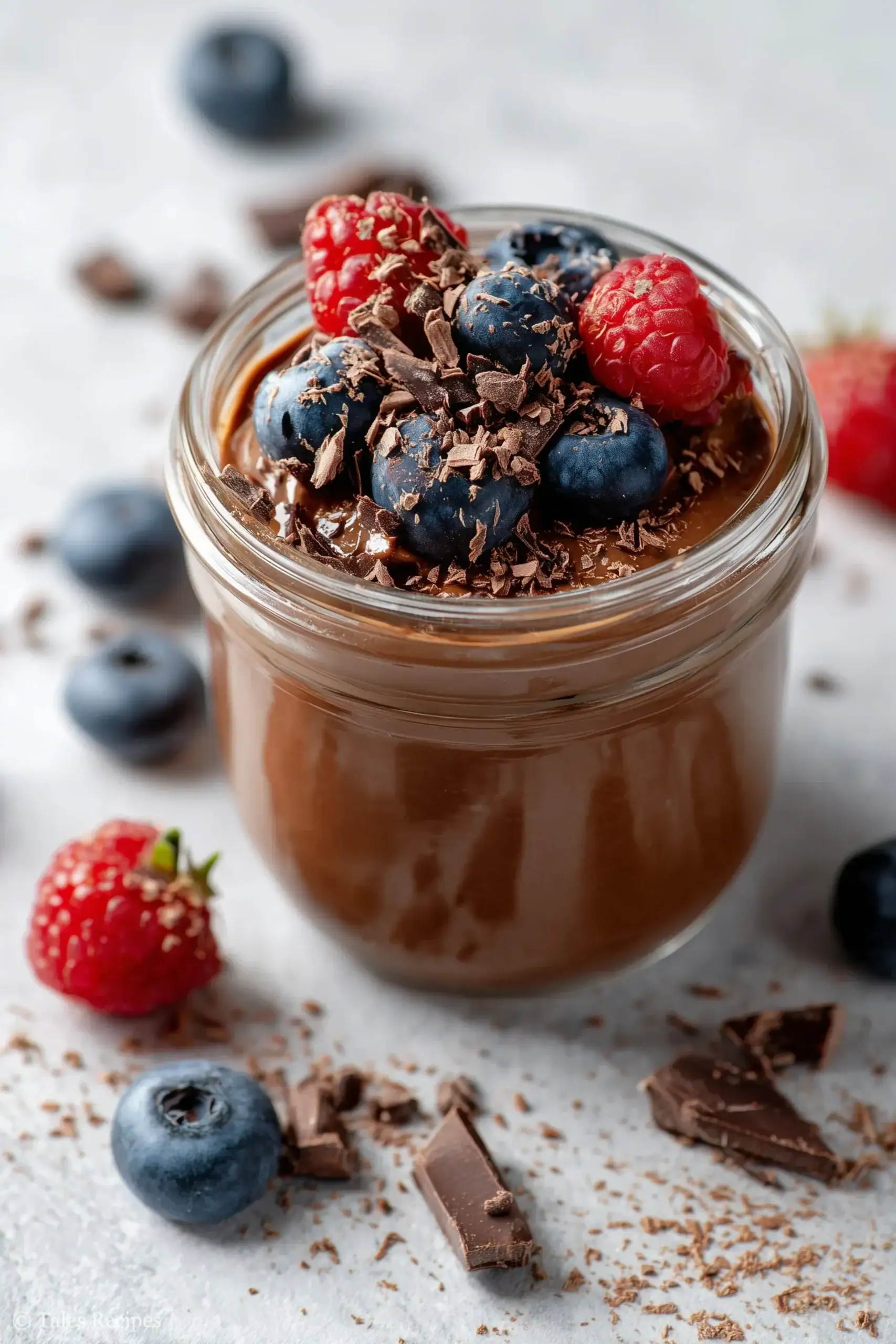 Chocolate overnight oats in a jar with berries, breakfast meal-prep ready