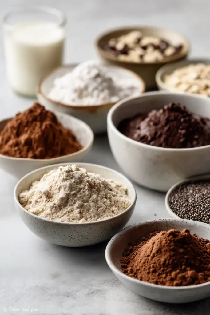 Ingredients for chocolate protein overnight oats arranged neatly on a white marble surface.