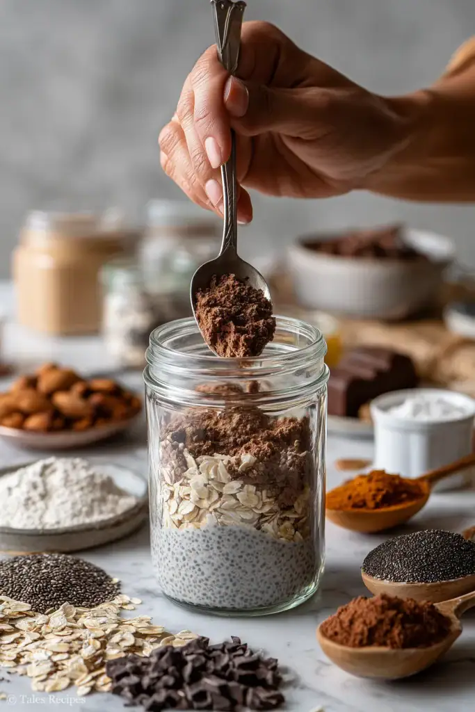 Mixing chocolate protein overnight oats base ingredients in a jar on marble background.