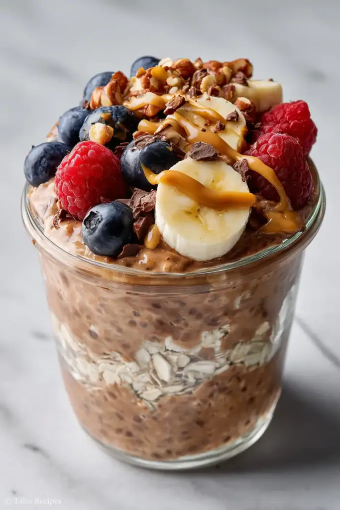 Chocolate protein overnight oats topped with berries and nuts on a marble background.