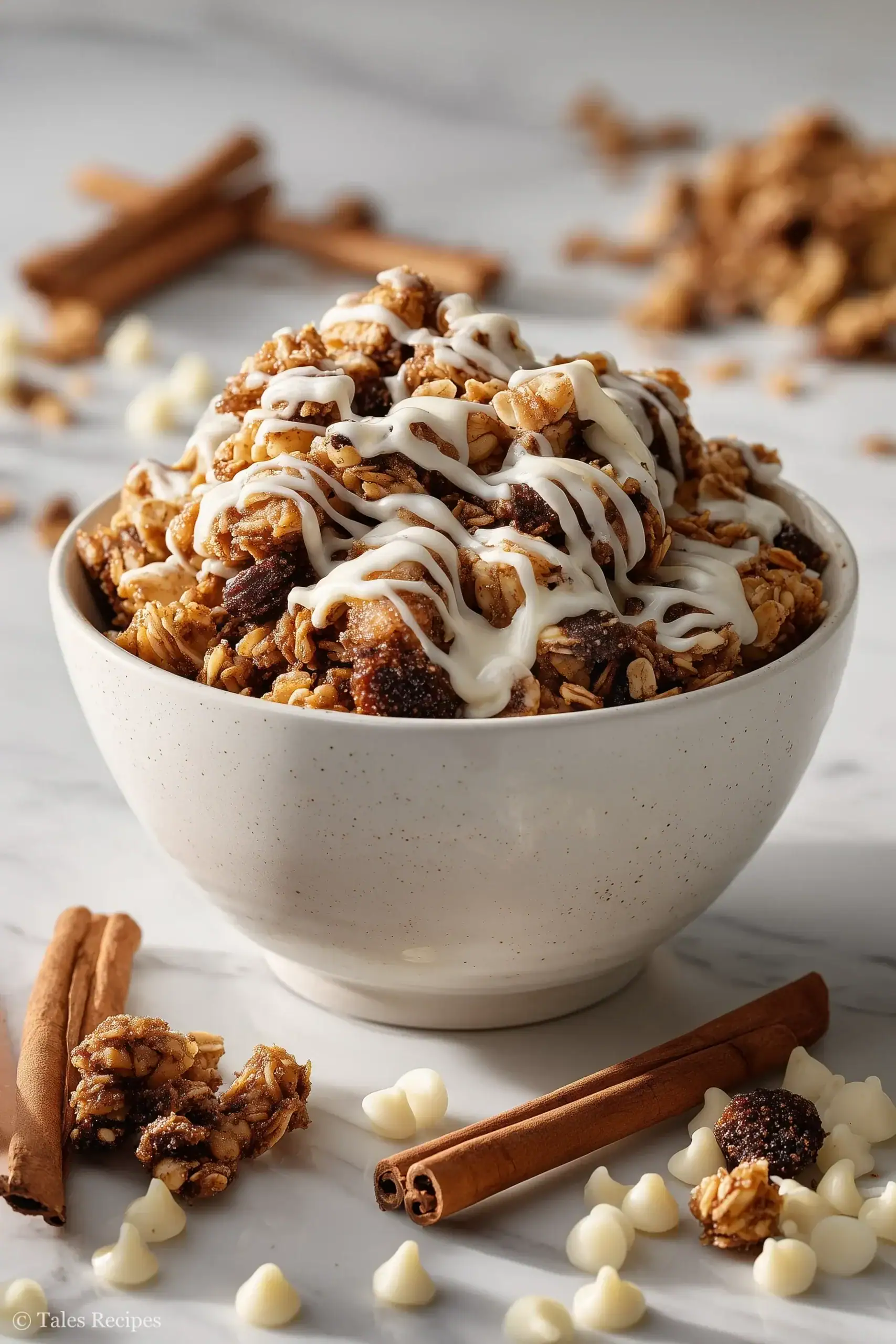 Cinnamon roll granola with white chocolate drizzle in a cozy breakfast setting