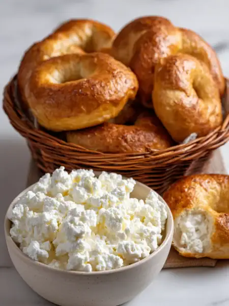 Golden cottage cheese bagel assortment on marble featuring textured crumb and glossy finish