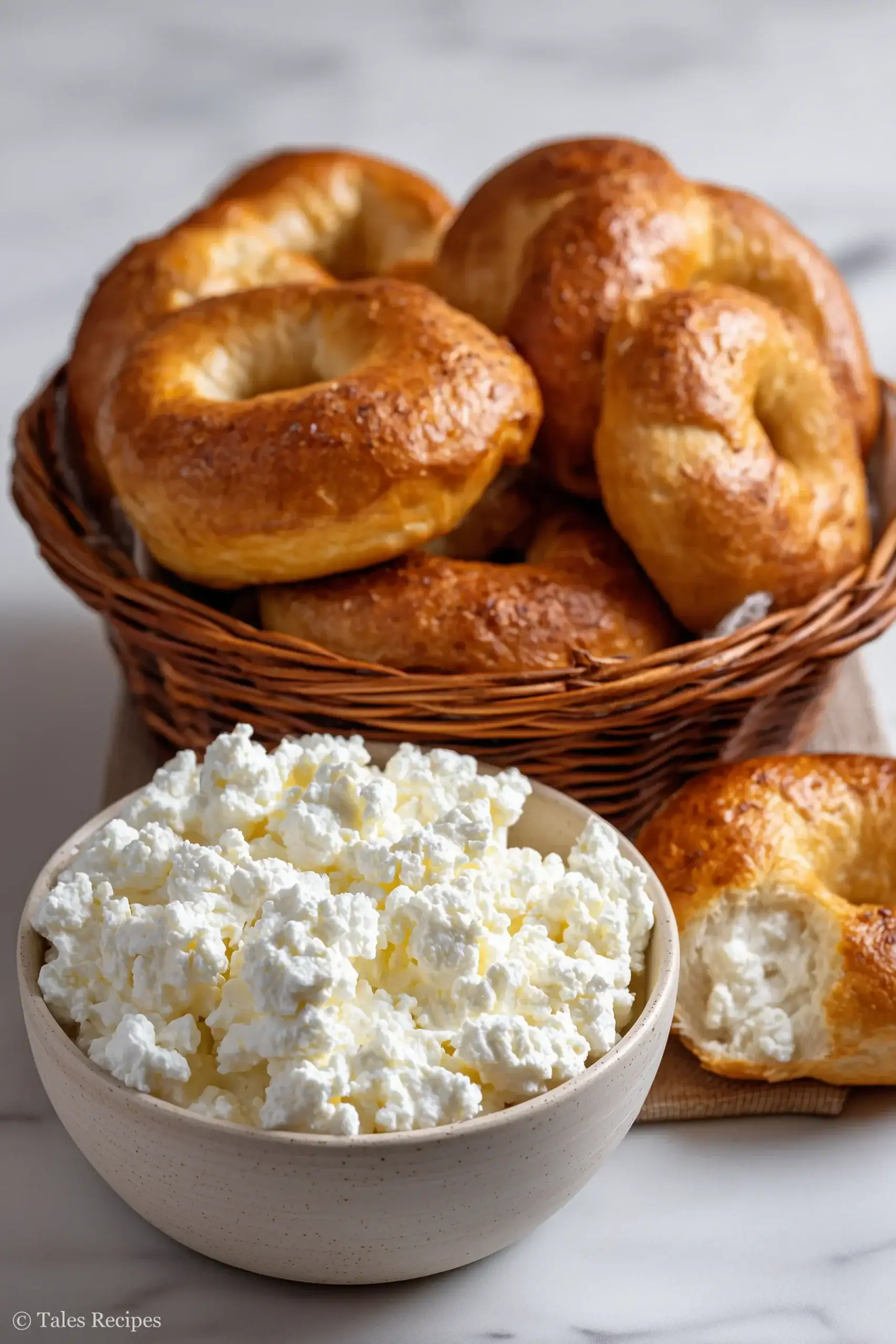 Golden cottage cheese bagel assortment on marble featuring textured crumb and glossy finish
