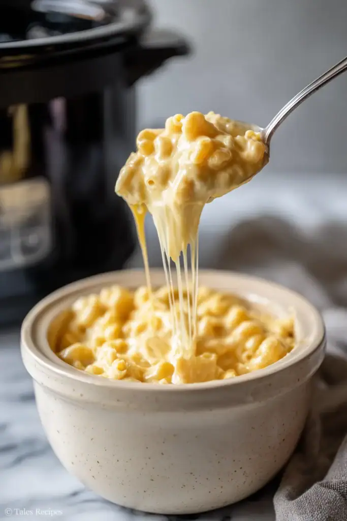 Spoon lifting creamy crockpot mac and cheese from crockpot for family dinner