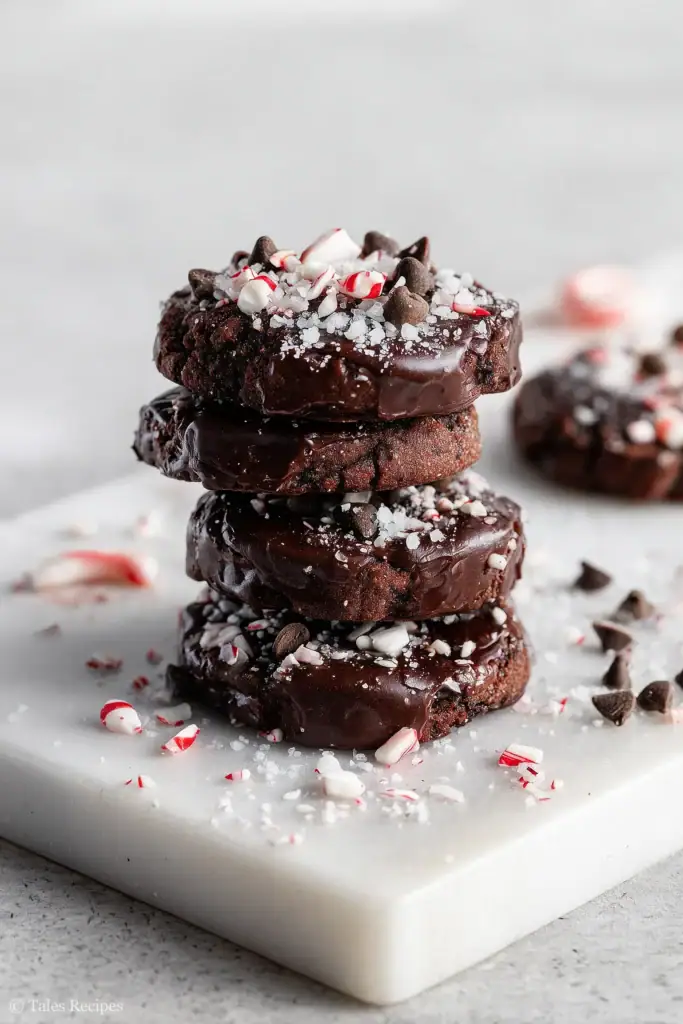 Stack of dark chocolate peppermint cookies with candy cane pieces on marble tabletop