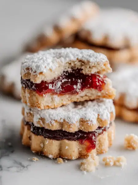 Classic linzer cookie with jam center and powdered sugar displayed on white marble