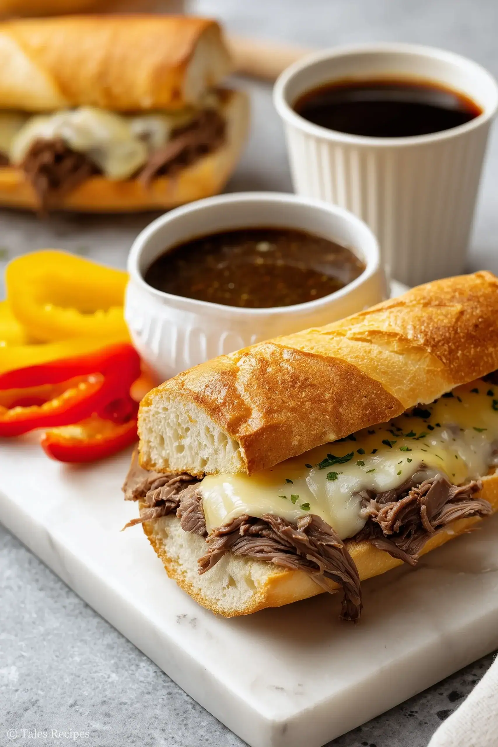 Mississippi French dip sandwich with provolone and au jus on marble background