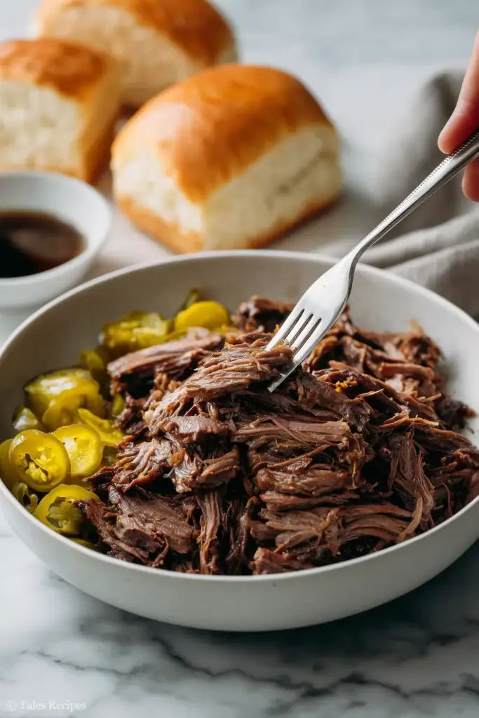 Shredded beef for Mississippi French dip with pepperoncini on white marble