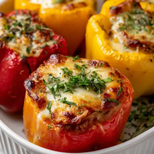 Featured image of old fashioned stuffed bell peppers with rice in a baking dish on white marble