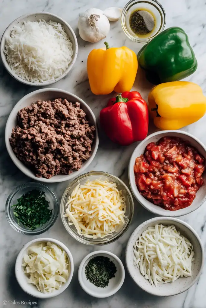 Ingredients for old fashioned stuffed bell peppers with rice arranged on a white marble background