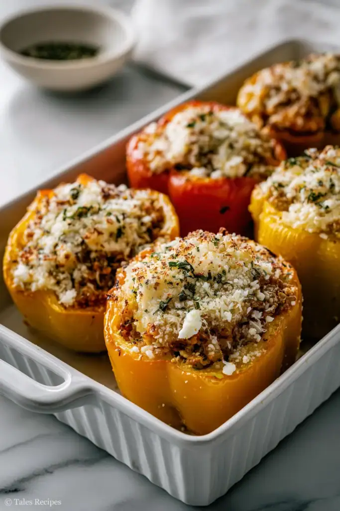 Stuffed bell peppers with rice ready to bake in white dish for old fashioned recipe