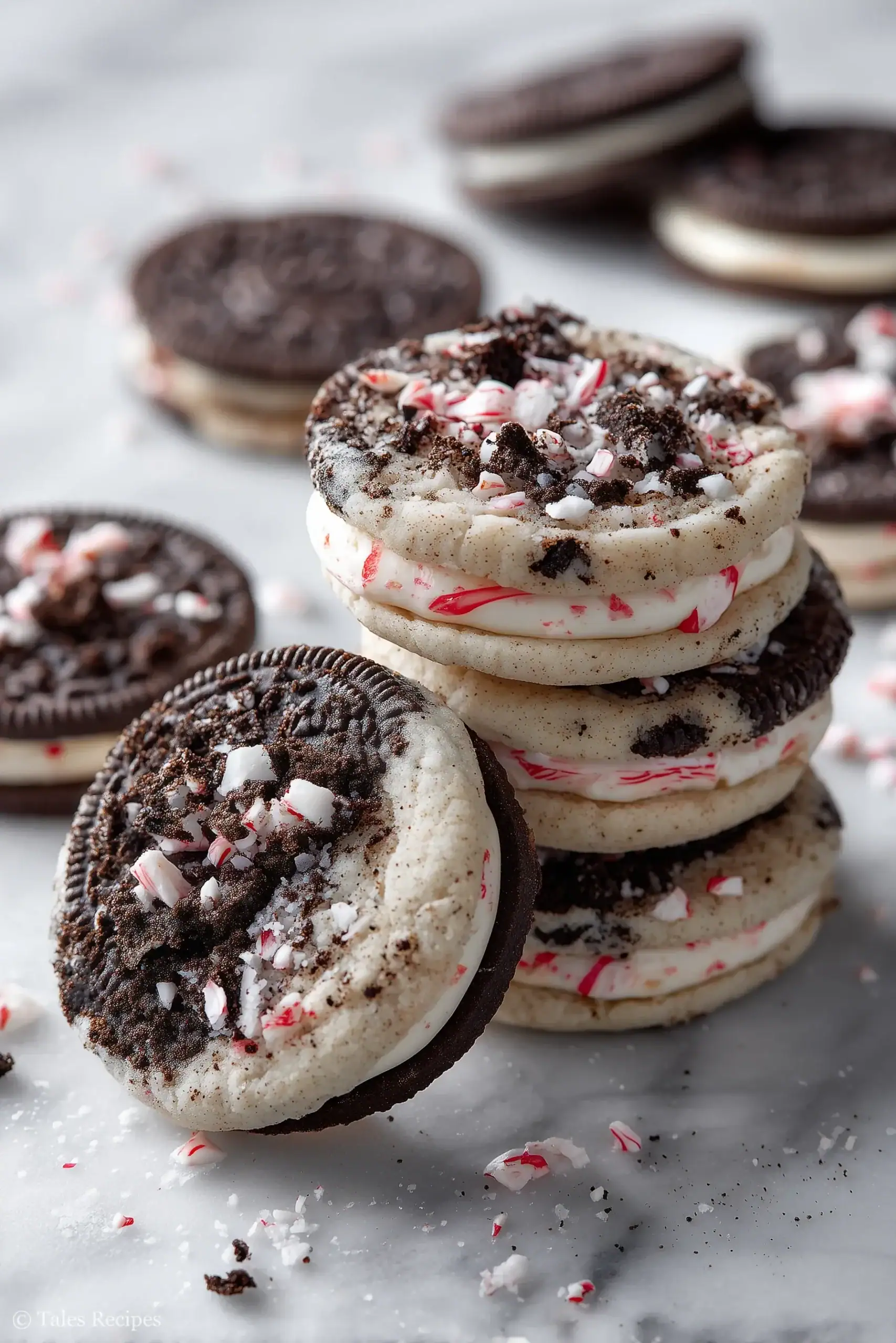 Oreo peppermint cookies arranged on white marble with crushed Oreos and peppermint candy