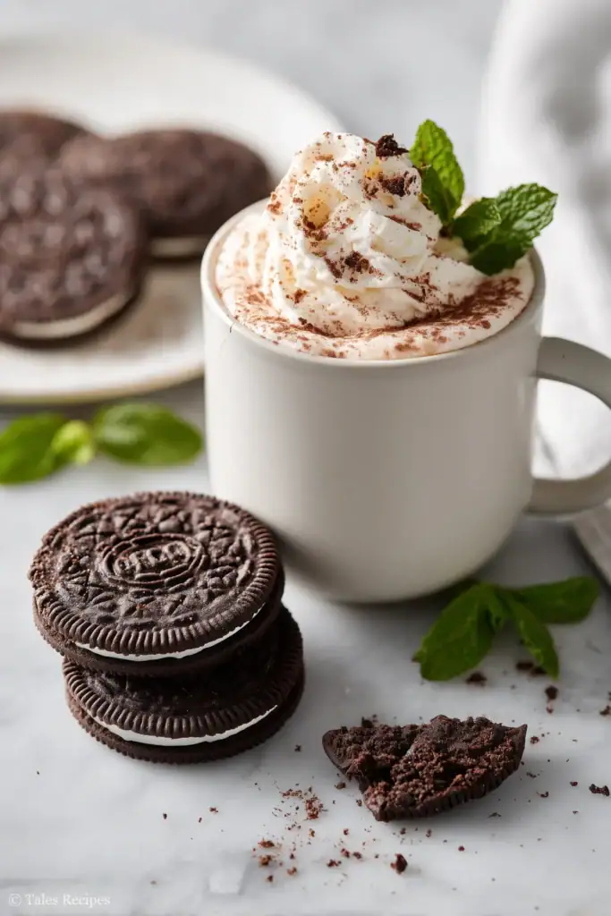 Oreo peppermint cookies with hot chocolate and whipped cream for a festive dessert
