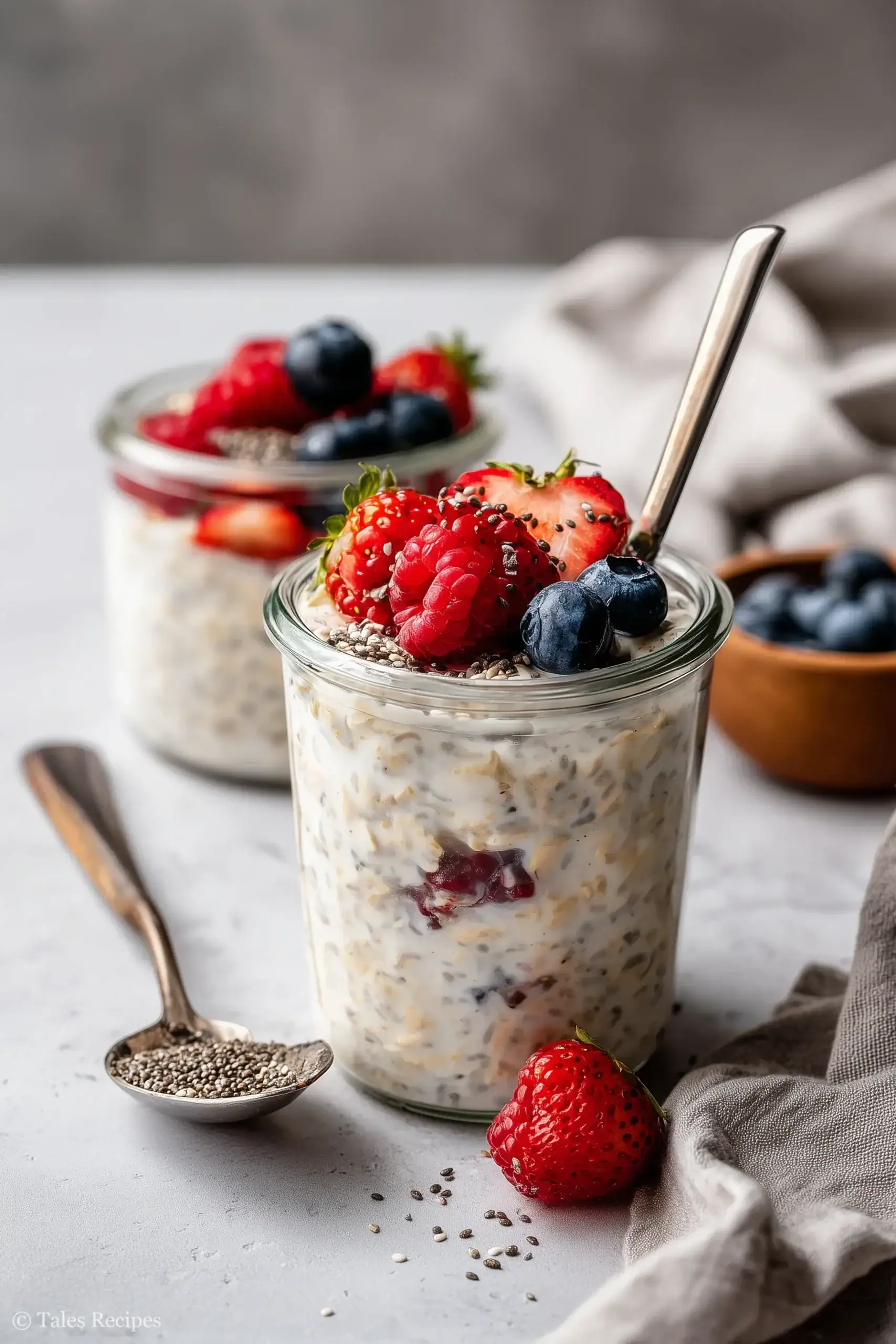 A creamy overnight oats jar topped with berries and chia seeds on marble background