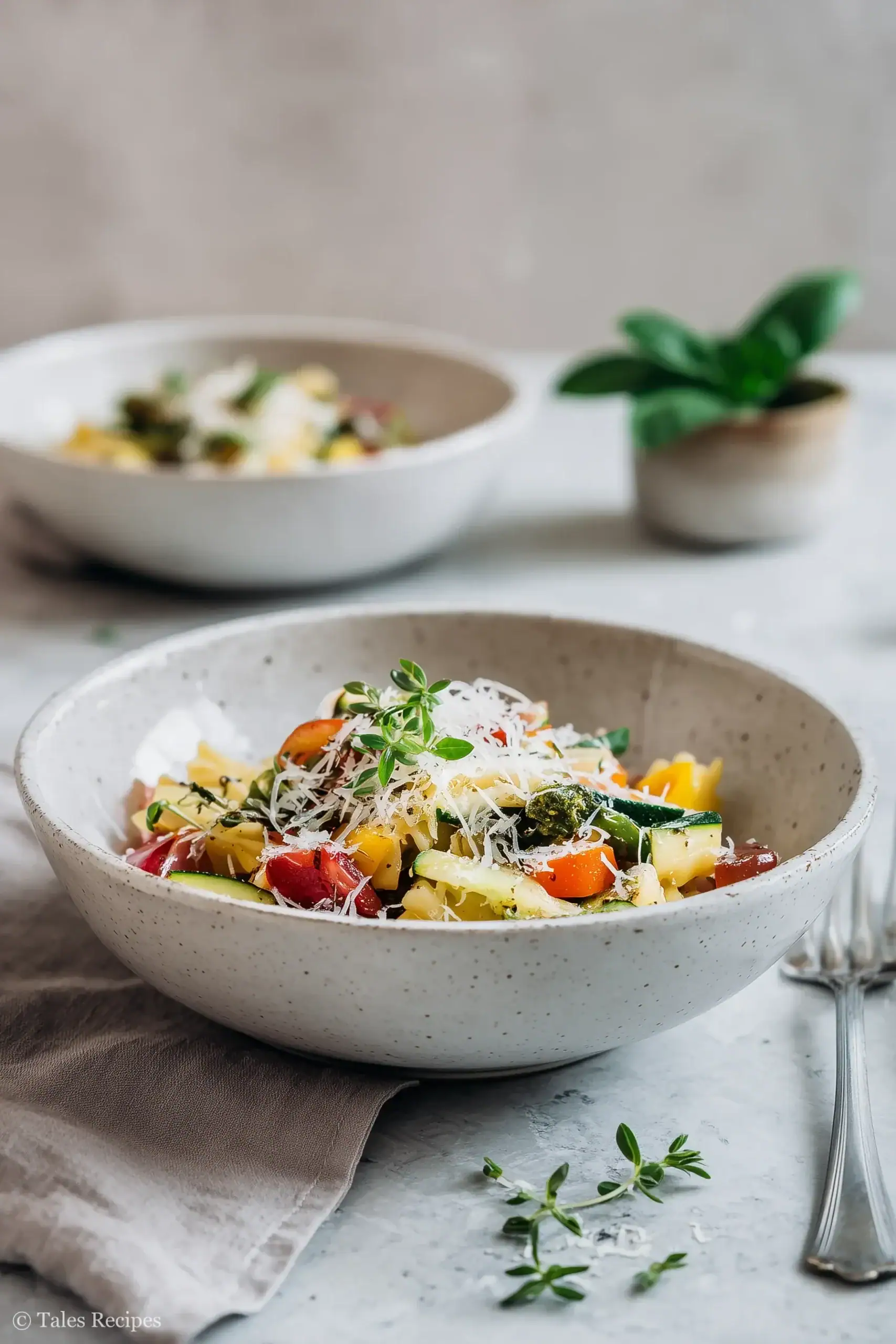 Vibrant pasta primavera salad on marble with vegetables and fresh herbs
