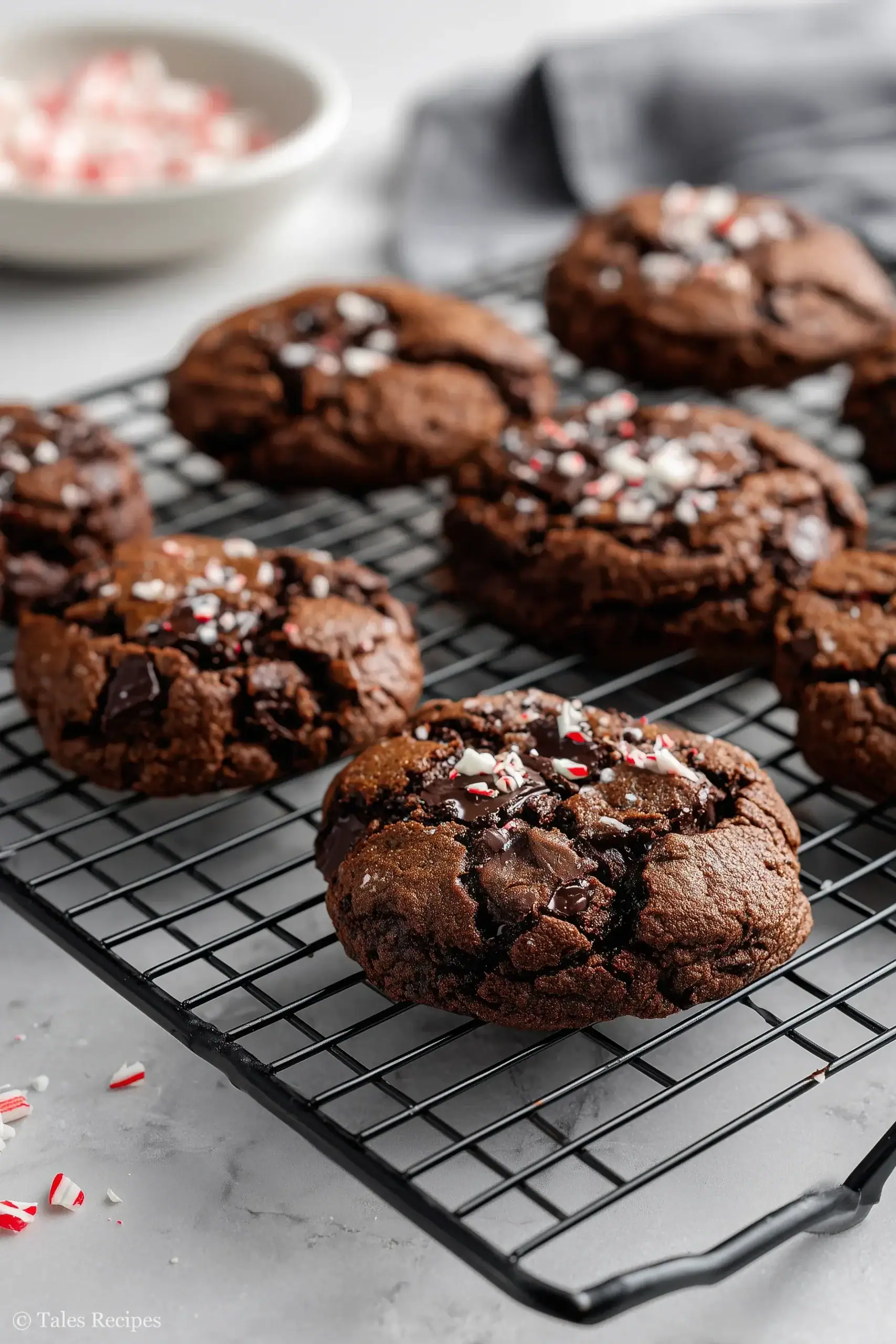 Fresh peppermint chocolate cookies cooling on rack with crushed candy topping