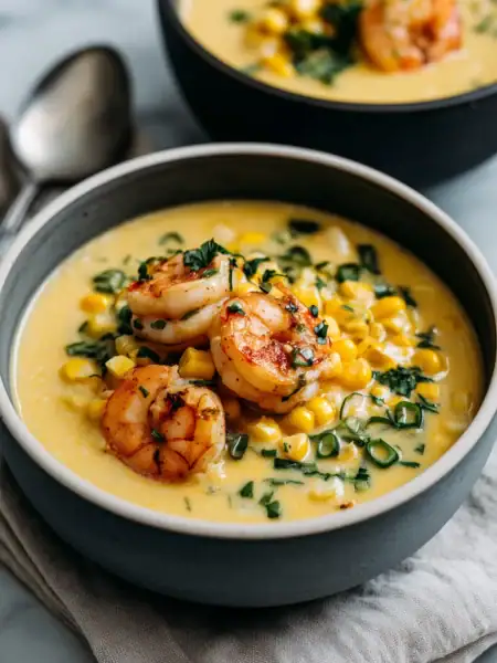 Classic shrimp and corn soup in a creamy broth with fresh herbs for family dinner