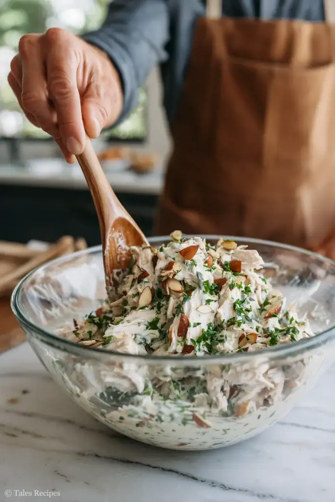 Mixing tossed chicken salad with wooden spoon in glass bowl