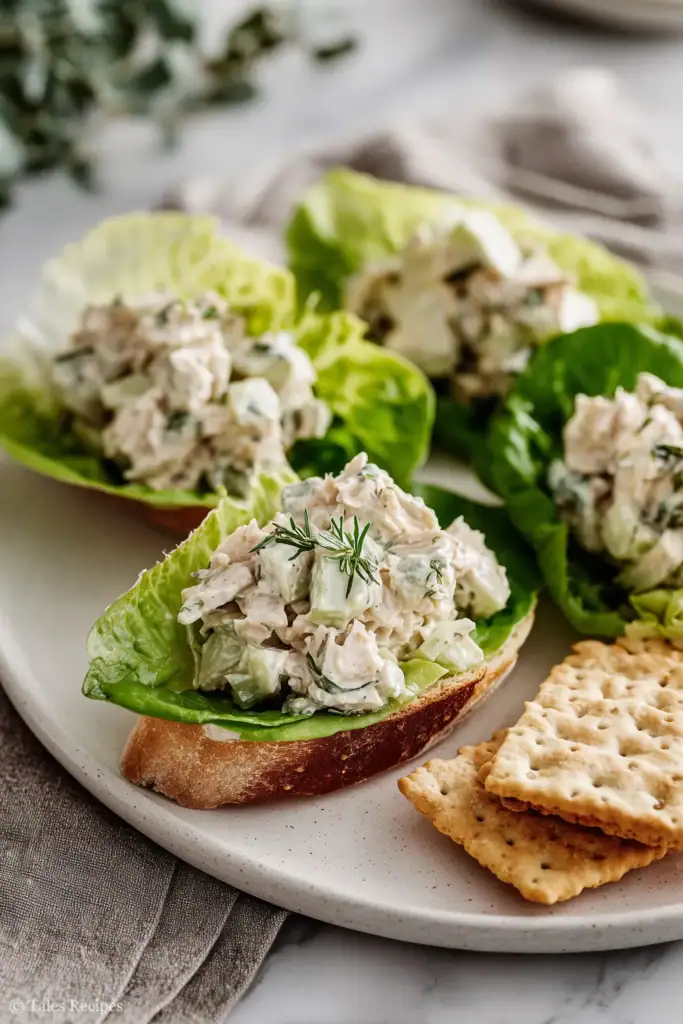 Tossed chicken salad served on lettuce with bread and crackers