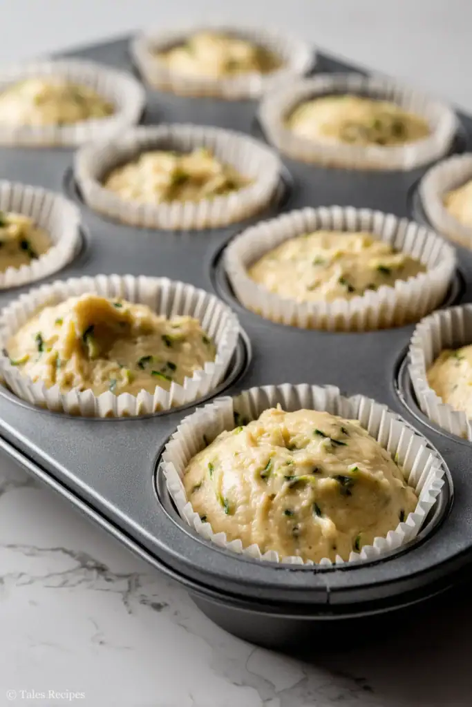 Zucchini banana muffins batter in lined muffin tin before baking, showing bits of zucchini.