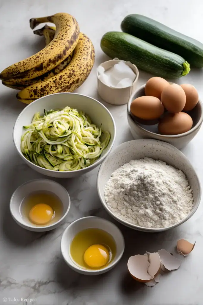 Ingredients for zucchini banana muffins including bananas, zucchini, flour, and eggs on marble countertop.