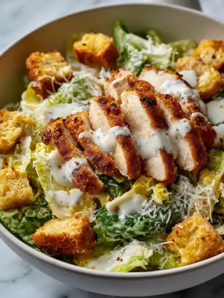 Chicken caesar salad with grilled chicken, romaine, croutons, parmesan, and creamy dressing
