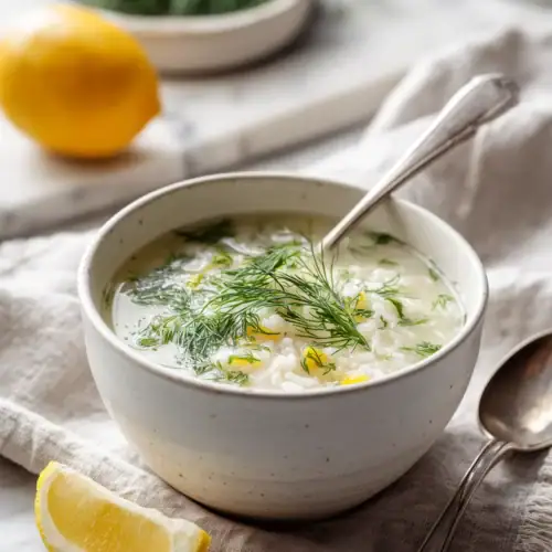Greek lemon rice soup with dill and lemon in a white bowl on marble background