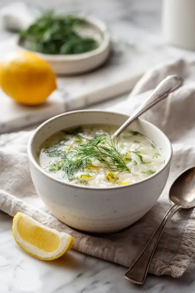 Greek lemon rice soup with dill and lemon in a white bowl on marble background