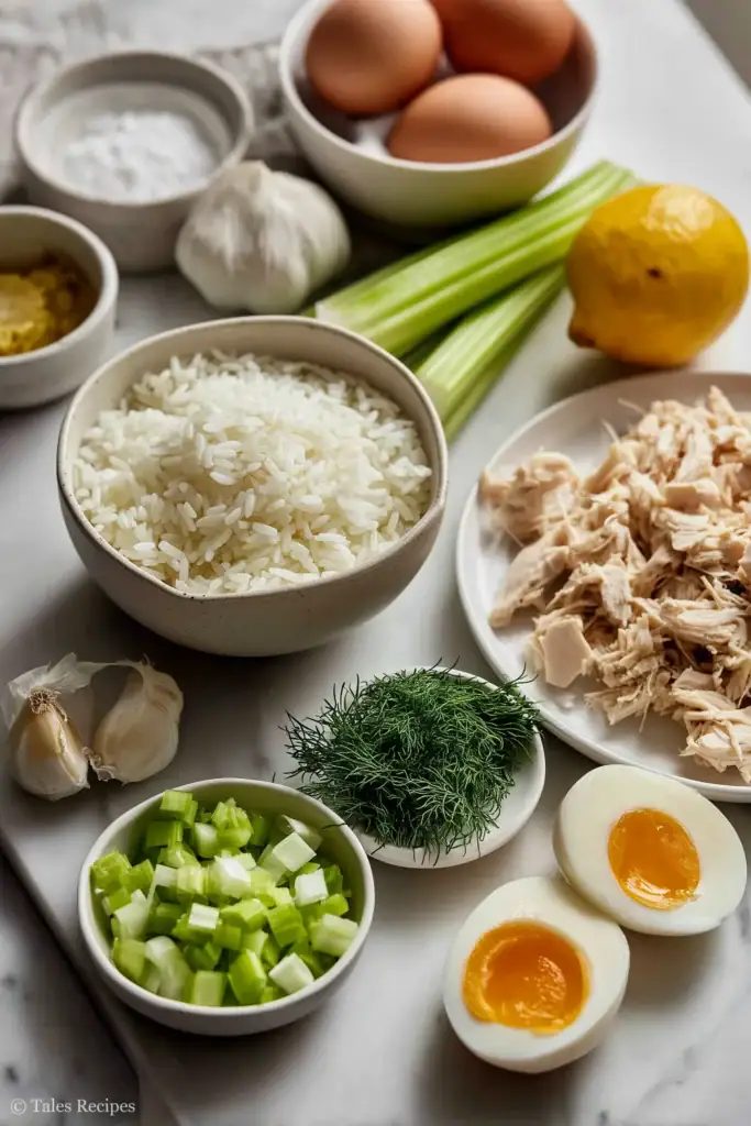 Greek lemon rice soup ingredients displayed on marble including rice lemon eggs chicken and dill