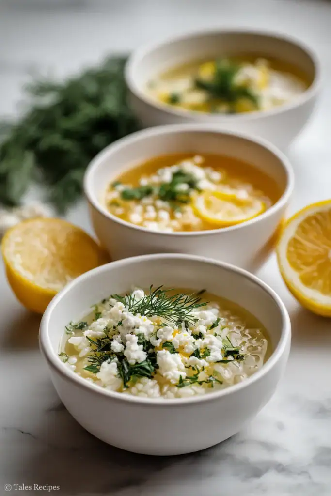 Greek lemon rice soup with feta dill and vegetarian toppings on marble background