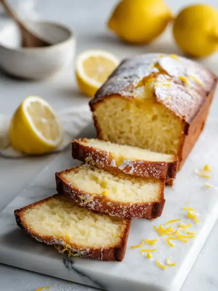 Golden lemon pound cake sliced on marble, fresh zest visible, bright and inviting.