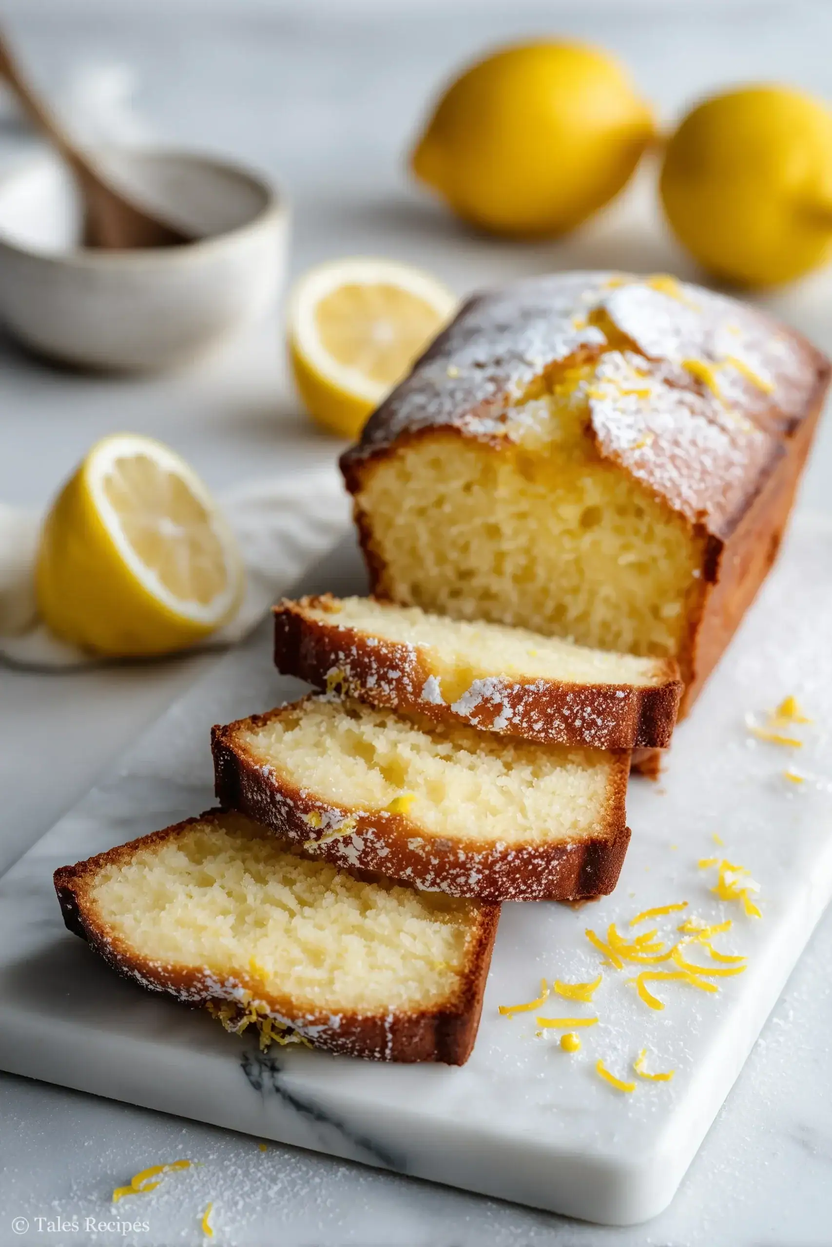 Golden lemon pound cake sliced on marble, fresh zest visible, bright and inviting.