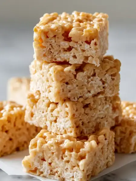 Stack of peanut butter rice krispie treat bars on white marble background