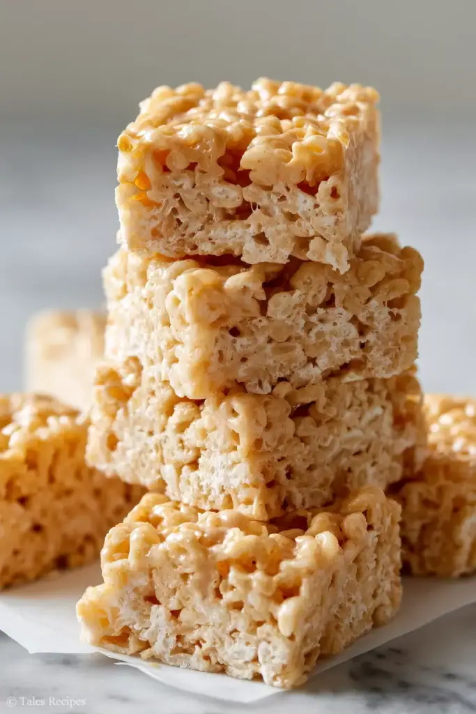 Stack of peanut butter rice krispie treat bars on white marble background