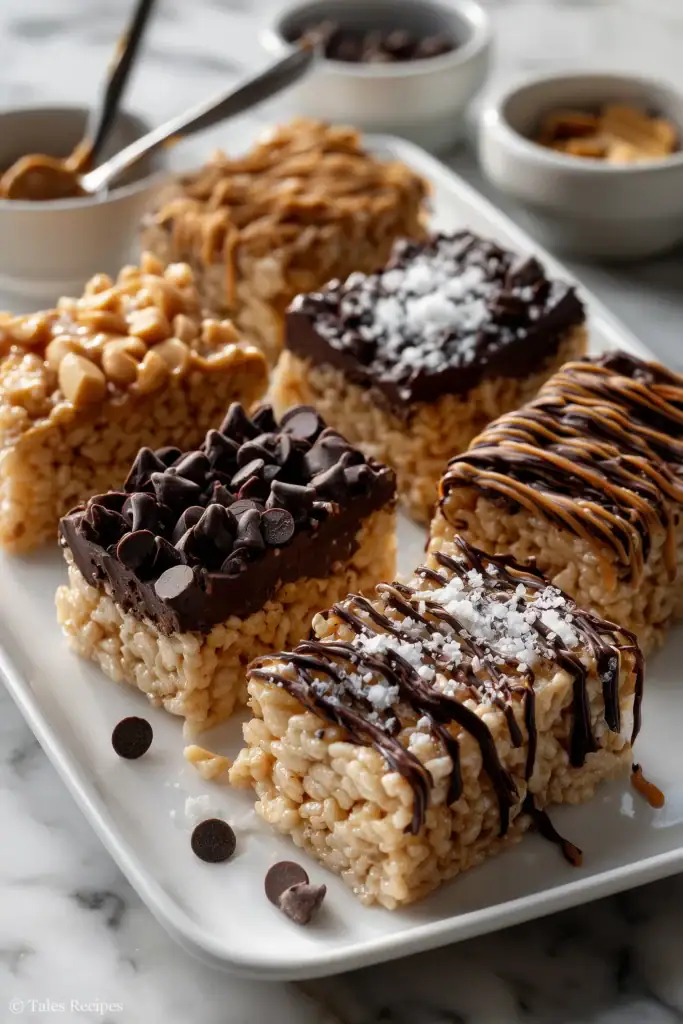 Peanut butter rice krispie treats with chocolate chips and peanut toppings on platter