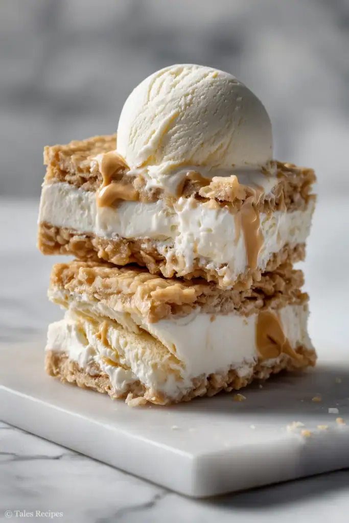 Peanut butter rice krispie treat ice cream sandwich melting gently on marble