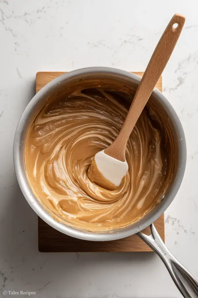 Stirring peanut butter and marshmallow for rice krispie treat in saucepan