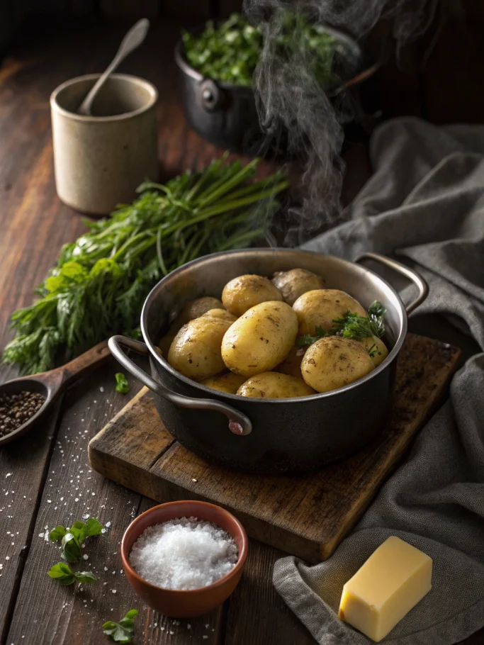 How to boil potatoes demonstrated with golden steaming potatoes in pot, garnished with fresh herbs and melting butter on wooden table